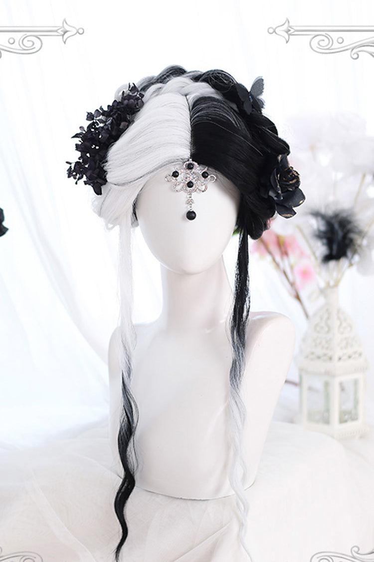 Black And White Color Matching Long Wavy Curly Hair Gothic Lolita Wigs