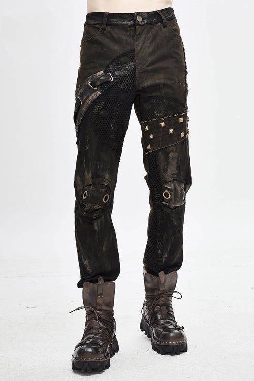 Brown Metallic Spiked Ragged Punk Slim Mens Pants