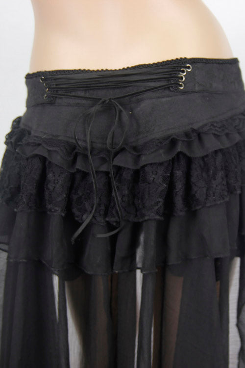 Back Front Buckle Waist Lace Up Chiffon Lace Hem Gothic Short Womens Pants