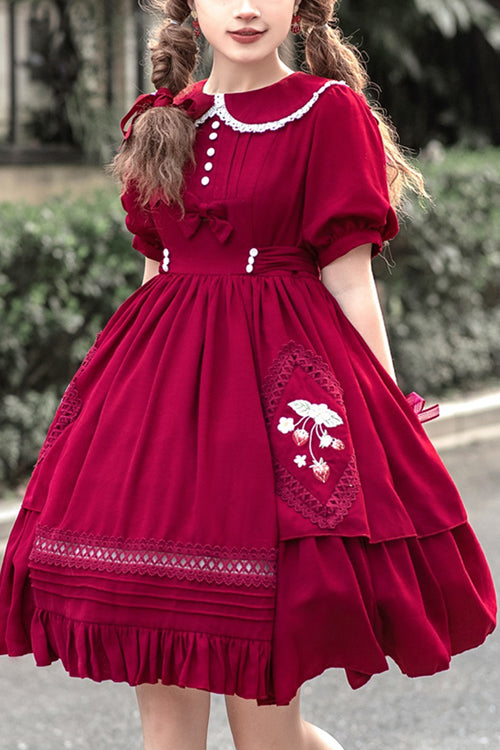Red Doll Collar Lantern Sleeves Ruffled Strawberry Embroidered Sweet Lolita Dress