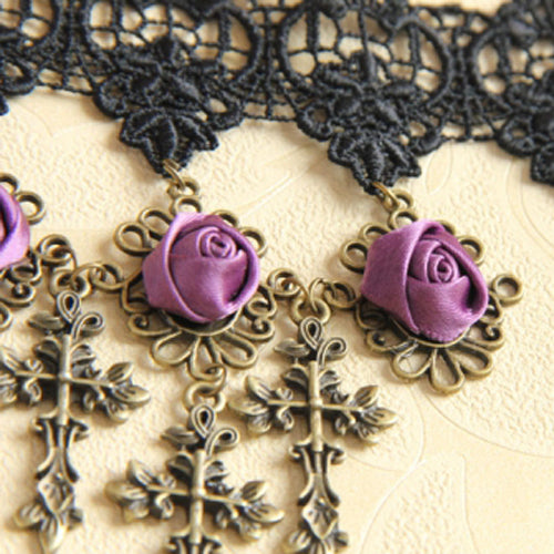 Black Lace Retro Wedding Cross Purple Rose Flower Female Gothic Lolita Armband Bracelet