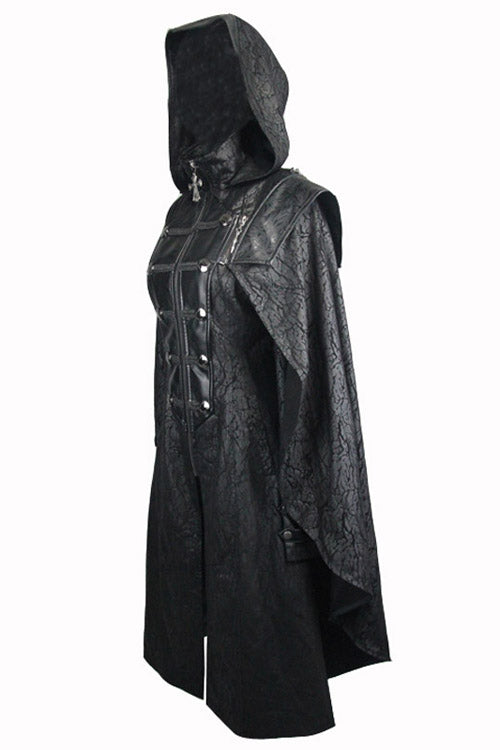 Black Punk Hooded One Side Shawl Gothic Pattern Womens Leather Long Coat