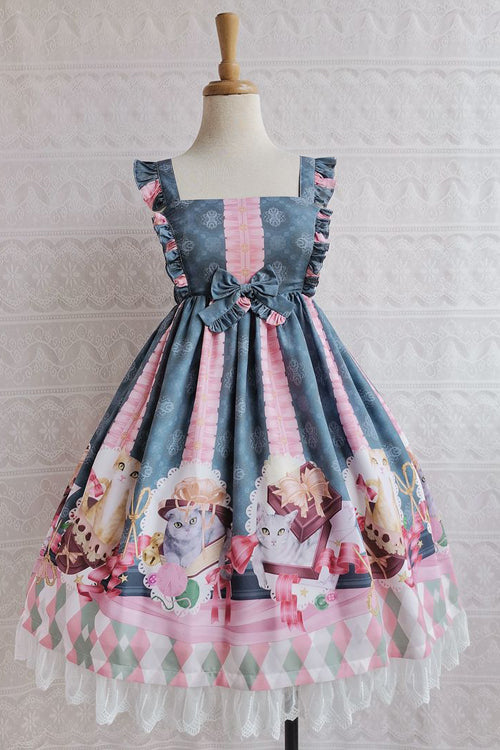 Chocolate Cat Print Ruffled High Waisted Sweet Lolita JSK Dress