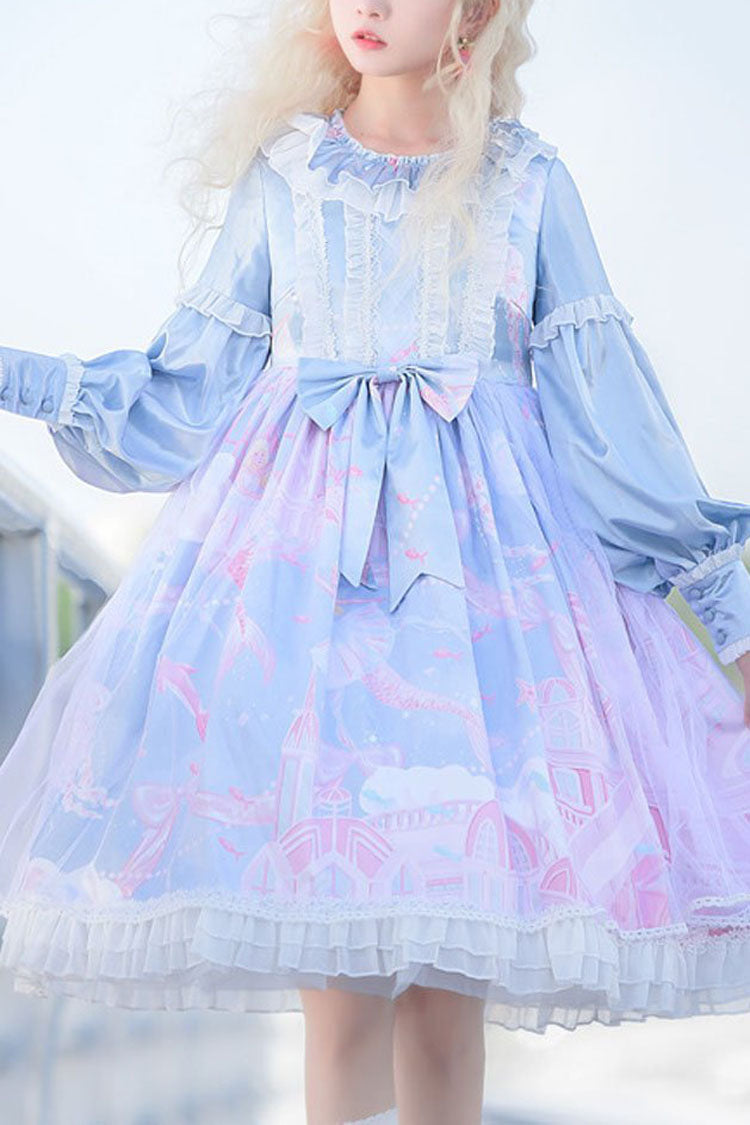 Sky Blue Dreamy Deep Sea Theater Print Bowknot Long Sleeves Princess Sweet Lolita OP Dress