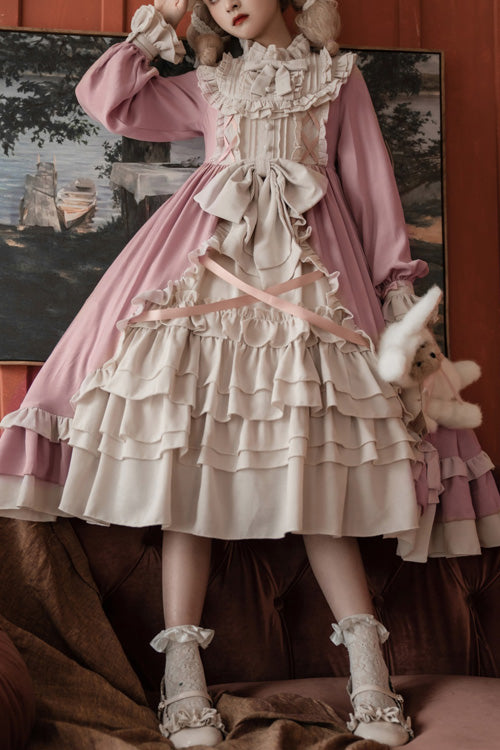 Pink Round Collar Bowknot Long Sleeves Multi-Layer Ruffled Sweet Lolita OP Dress