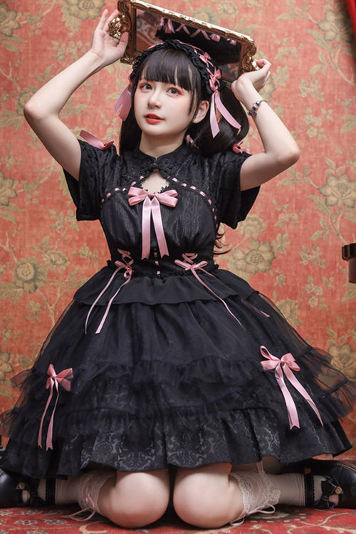 Stand Collar One Button Bubble Short Sleeve Lace Hem Sweet Lolita Dress