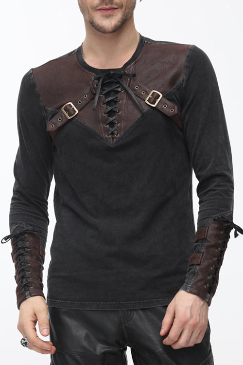 Brown Long Sleeves Designer Mens Punk T-Shirt