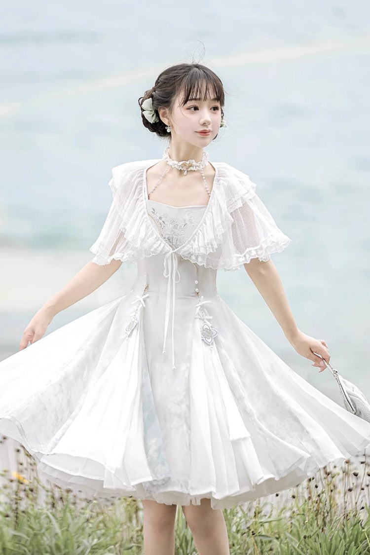 ホワイトサマードリームロータスノースリーブ中国風甘いチーロリータJskドレス