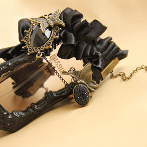 Black Retro Fashion Silk Cloth Gemstone Butterfly Design Female Gothic Lolita Ring Bracelet