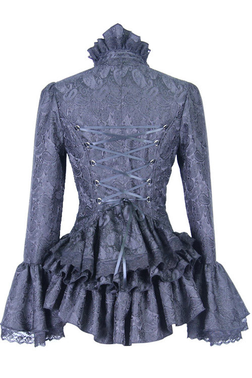 Black Trumpet Sleeves Lace Ruffled Vintage Print Womens Gothic Blouse
