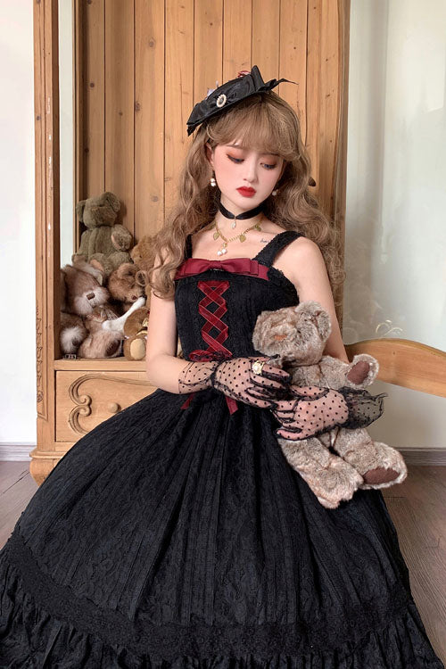 Black Solid Color Elegant Vintage Rose Multi-Layer Embroidery Ruffled Sweet Lolita JSK Dress