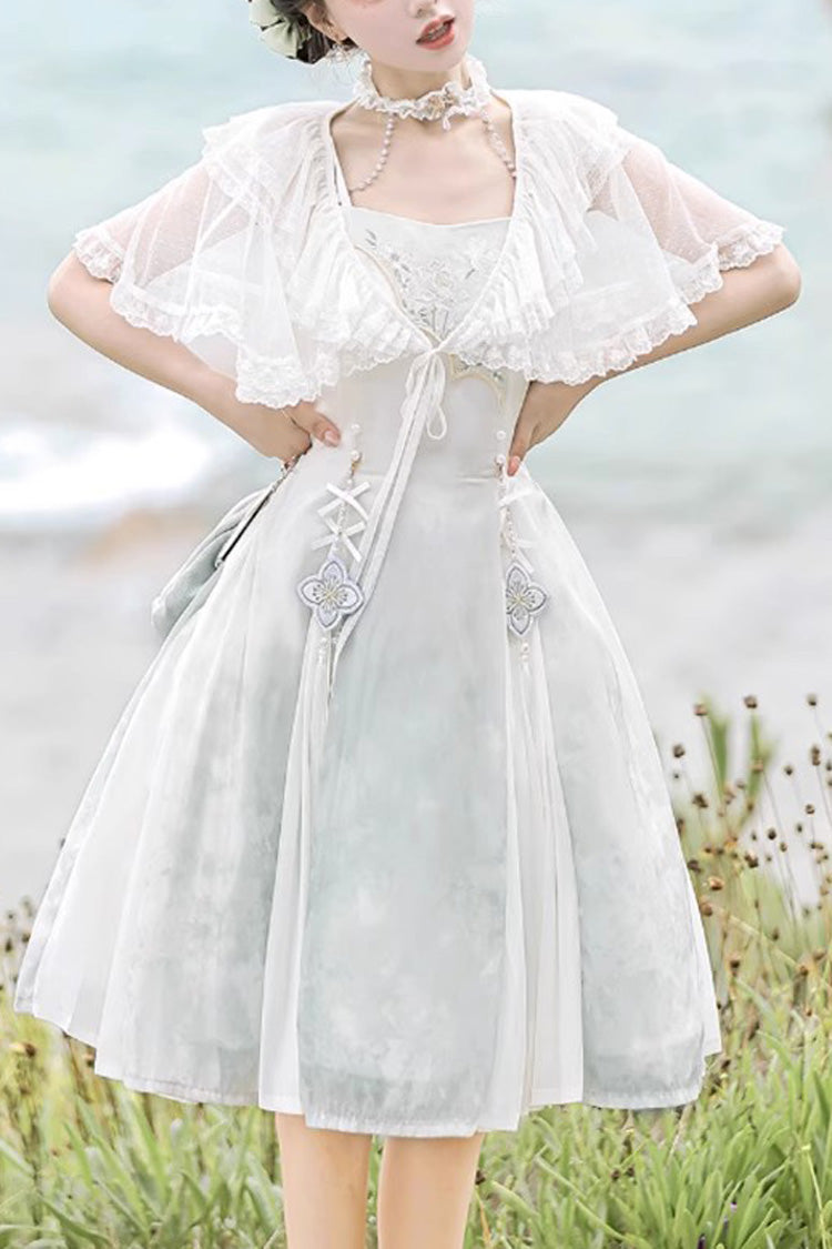 ホワイトサマードリームロータスノースリーブ中国風甘いチーロリータJskドレス
