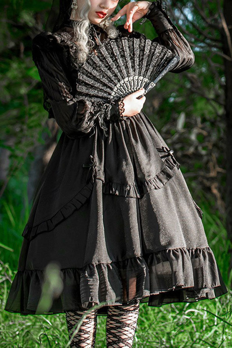 Black Hollow V Neck Long Sleeves Bowknot Hanayome Ruffled Gothic Lolita Dress