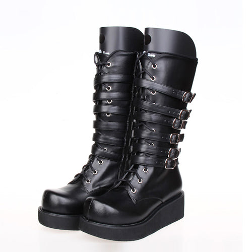 Black Leather Belt Buckle Lace Up High Lolita Boots