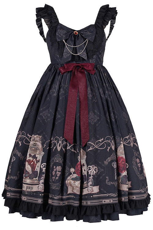 Black Nightingale Rose Print Bowknot Ruffled Strapless Gothic Lolita JSK Dress