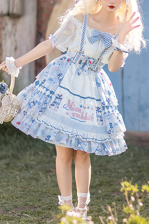 Blue Alice Rabbit Print Multi Layer Design Sweet Lolita JSK Dress
