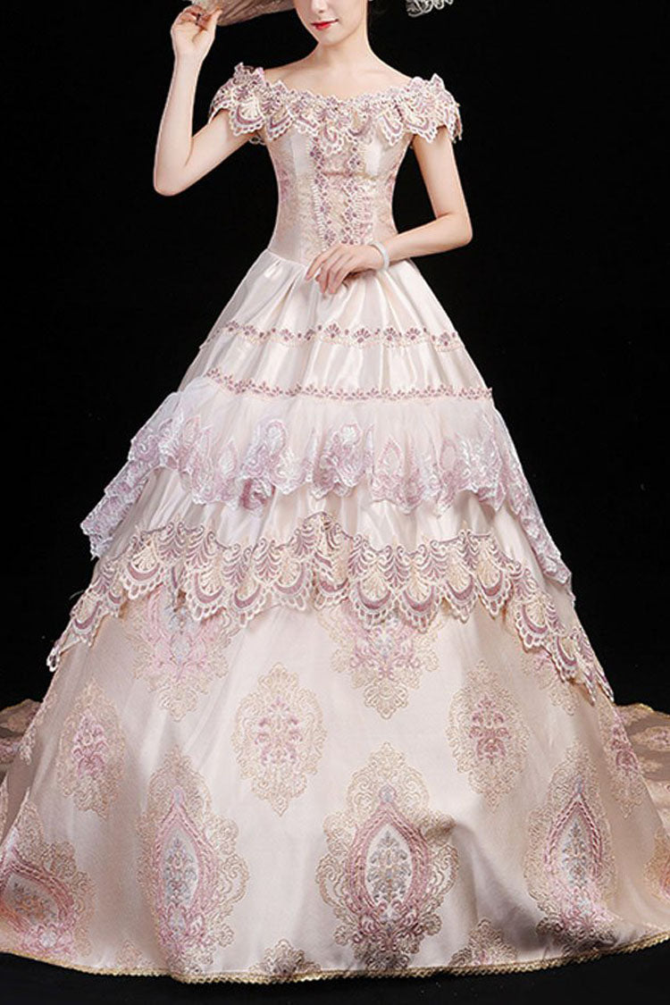 Pink Boat Neck High Waisted Hollow Embroidery Floral Print Multi-Layer Victorian Lolita Prom Dress