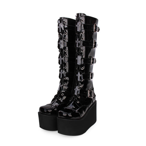 Black Cross Patent Leather Lace Up Long Gothic Lolita Boots