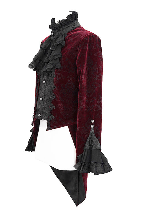 Lotus Leaf Corsage Collar False Two Piece Mens Red Gothic Swallow Tailed Coats