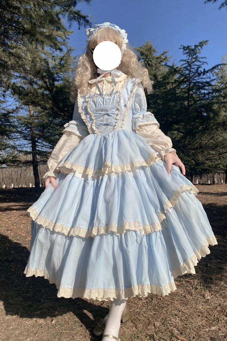 Blue Lapel Collar Long Sleeves High Waisted Multi-layer Bowknot Sweet Lolita Dress