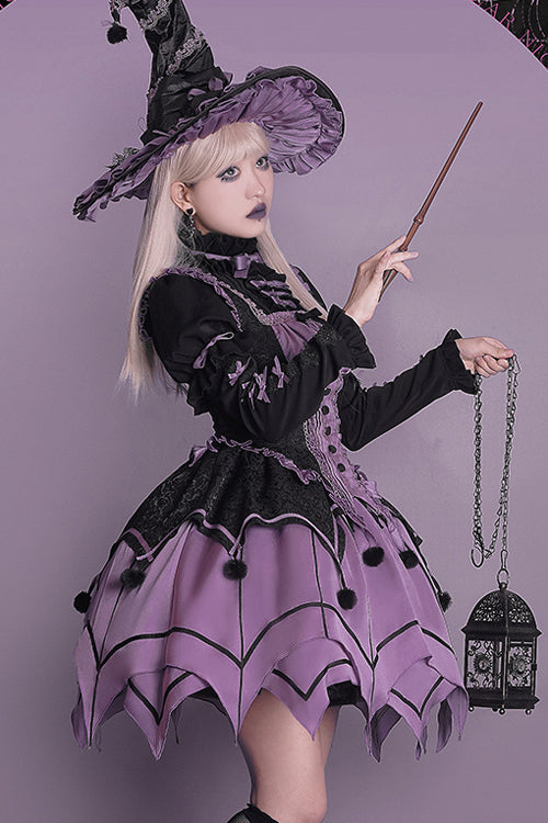 Schwarz / Lila Runder Kragen Gekräuselte Lange Ärmel Taille Unregelmäßiger Saum Kobold Süßes Lolita OP Kleid Komplettset