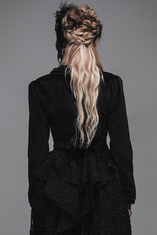 Black Lace Waist Woollen Womens Velvet Short Gothic Jacket With Tail