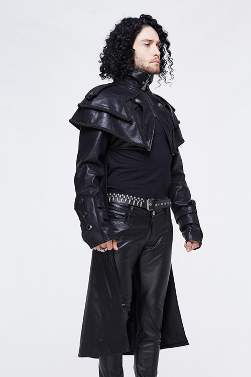 Black Punk Short Front And Long Back Cape Style Long Leather Mens Coat