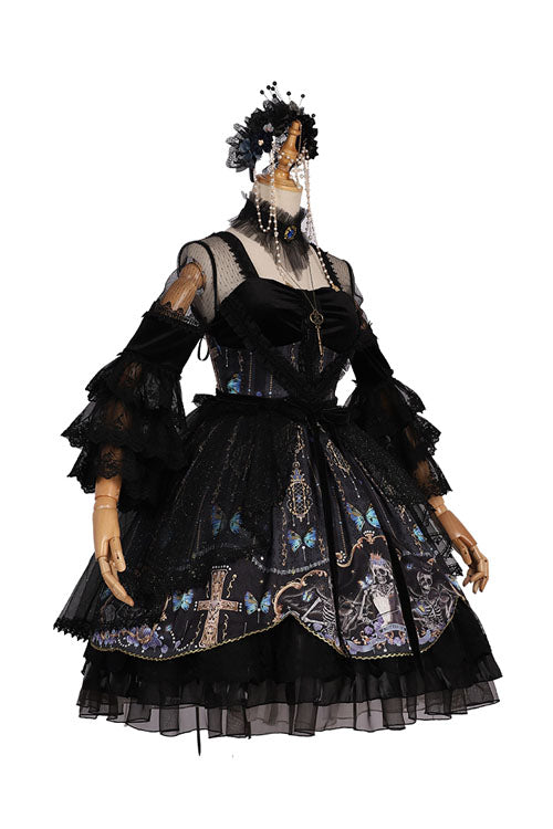 Black Square Collar Cemetery Butterfly Skull Print Lace Lantern Sleeves Multi-Layer Ruffled Gothic Lolita OP Dress