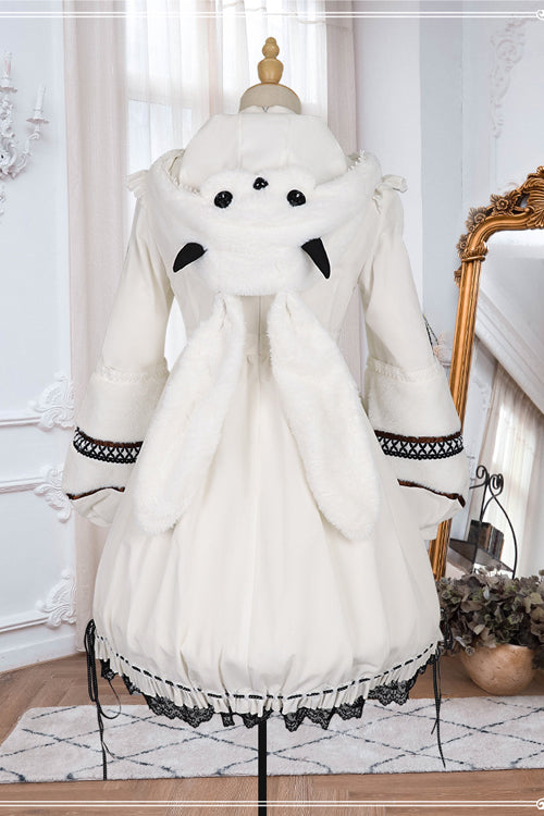 Beige Detachable Hat High Neck Woolen Cuffs Demon Rabbit Gothic Lolita OP Dress