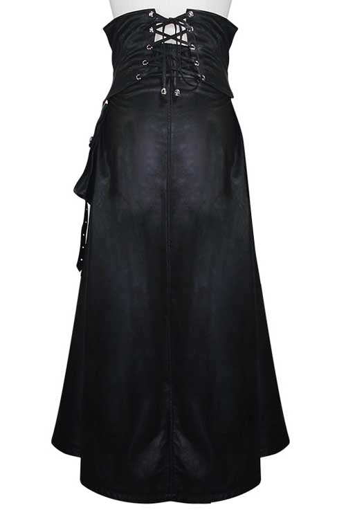 Black Chain Shaped Ribbons Zipper Up Leather Big Swing Punk Womens Half Skirt