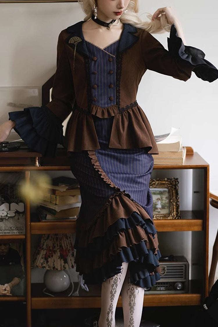 Blue/Brown Time Traveler Long Sleeves Multi-layer Print Ruffle Punk Lolita Mermaid Skirt Set