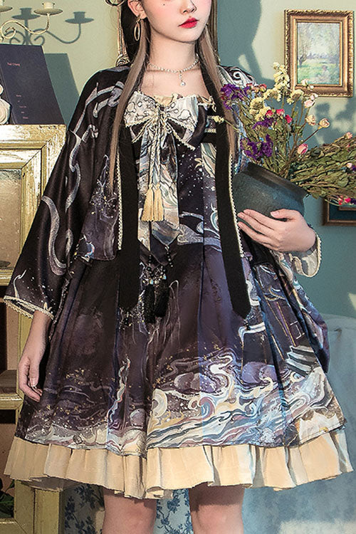 Purple Wave Print Bowknot Chinese Style Hanfu Ruffled Classic Lolita JSK Dress