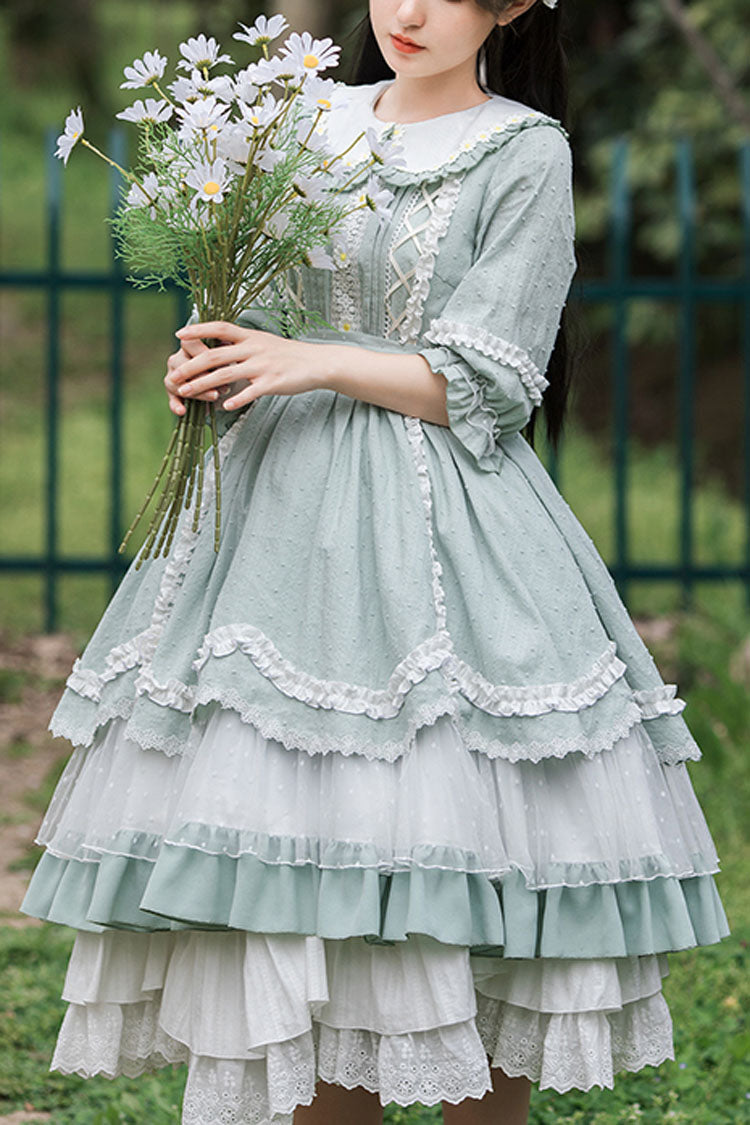 Green Doll Collar Lantern Half Sleeves Lace Ruffled Sweet Lolita Op Tiered Dress (Apron is included)