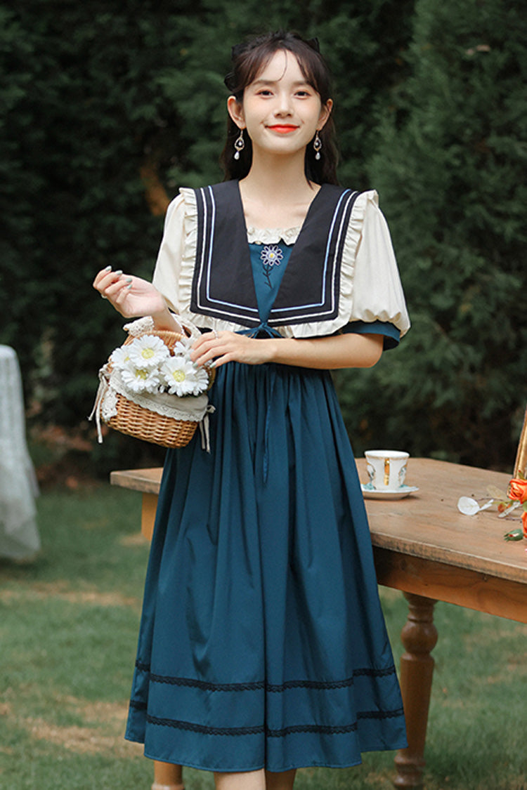 Multi-Color Retro Doll Collar Short Lantern Sleeves High Waist Embroidery Sweet Lolita OP Dress