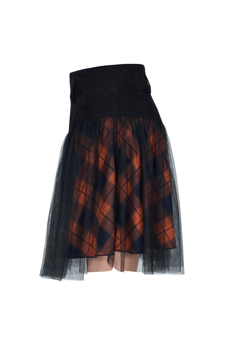 Black/Red Lace Mesh Stitching Plaid Metal Buckle Decoration High Waist Women's Punk Short Skirt