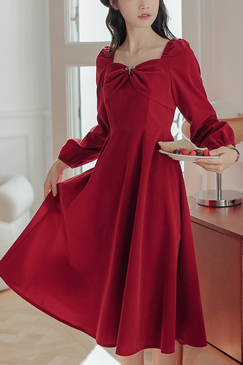 Red French Hepburn Velvet Square Collar Long Sleeves High Waisted Sweet Lolita OP Dress