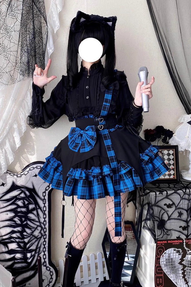 Electronic Kitten Dark Girl Multi-layer Plaid Print Ruffle Bowknot Gothic Lolita Skirt 3 Colors