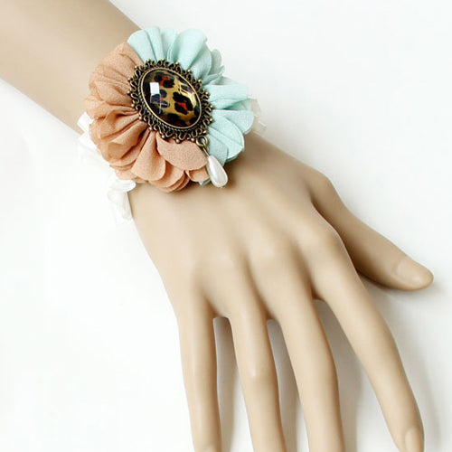 Retro Mode Leopard Print Edelstein Rosa Blau Blume Weiß Spitze Weibliche Lolita Armband