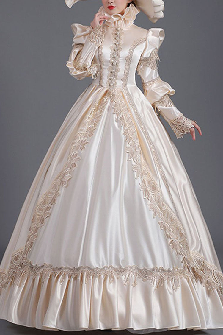 Champagne Court Style High Waisted Long Sleeves Single Breasted Ruffled Victorian Lolita Prom Dress