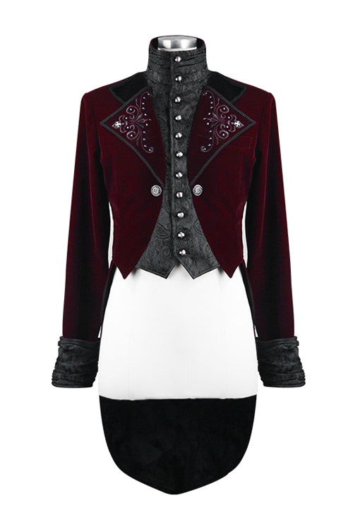 Wine Gothic Palace Embroidered Metal Rivets Dovetail Mens Coat