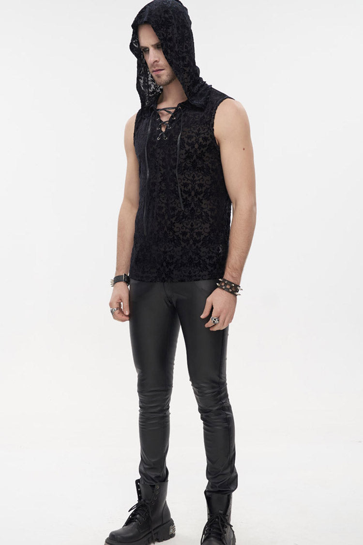 Black Punk Velvet Jacquard Chest Tie Sleeveless Hooded Men's Shirt