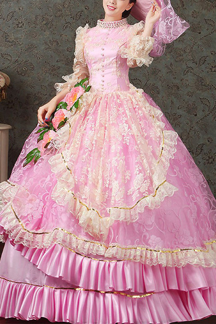 Pink Half Sleeves Lace Stitching High Waisted Hollow Embroidery Floral Print Ruffled Multi-Layer Victorian Lolita Prom Dress
