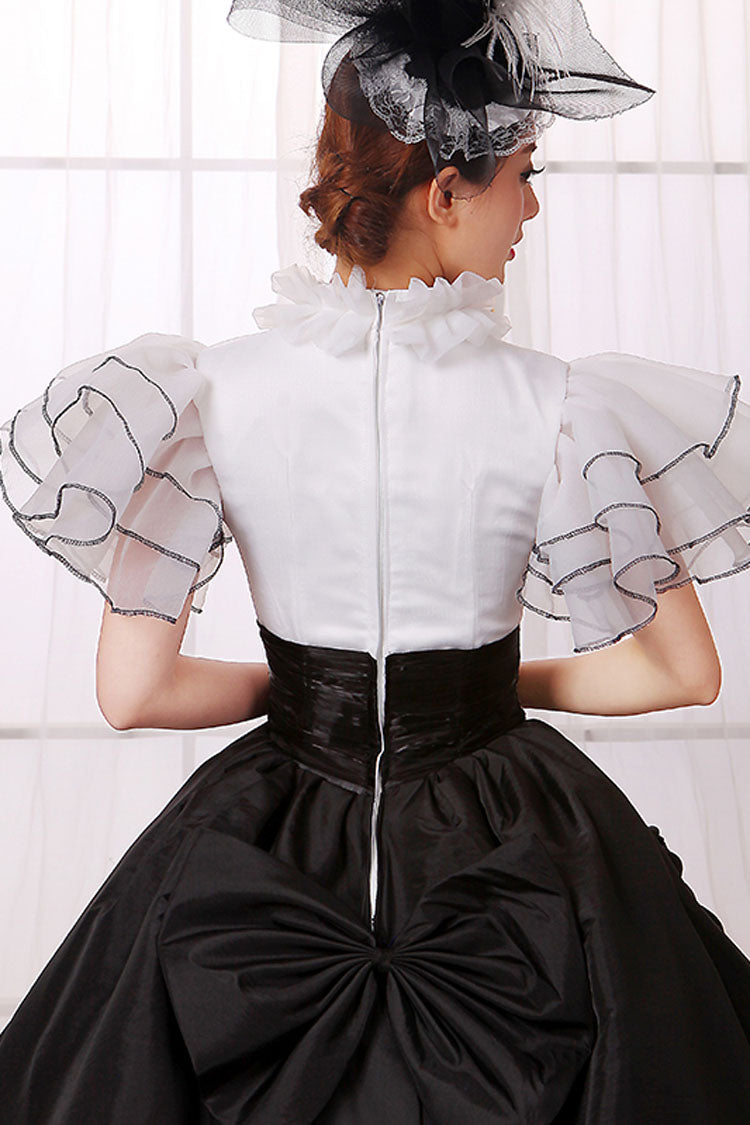 ホワイト/ブラック ステッチ 半袖 ハイウエスト バック ジッパー ちょう結び ビクトリア朝の ロリータ プロム ドレス