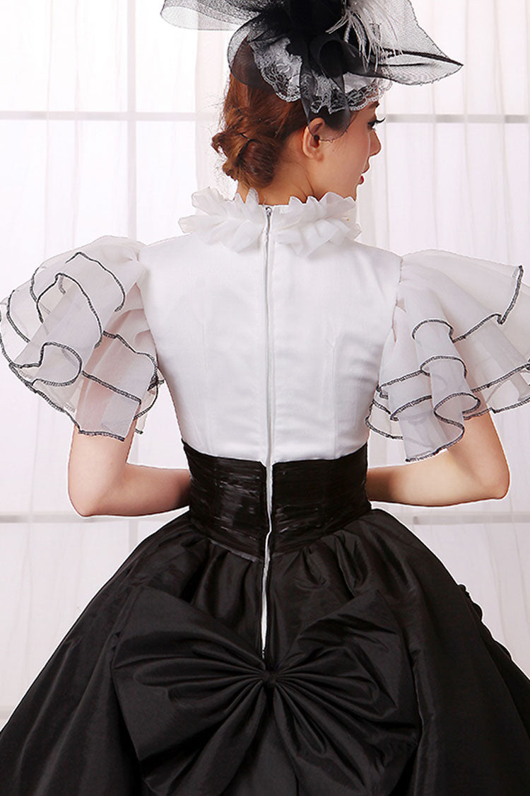 White/Black Stitching Short Sleeves High Waisted Back Zipper Bowknot Victorian Lolita Prom Dress