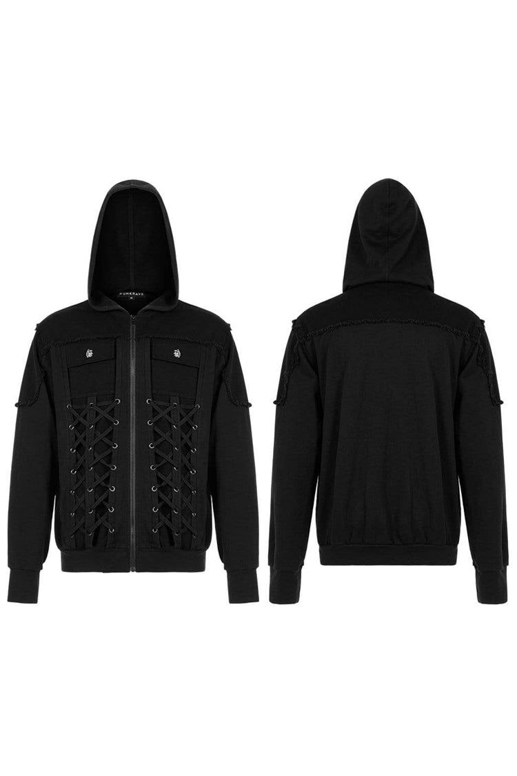 Black Punk Front Lace Up Decoration Long Sleeve Knit Hoodie Men's Coat