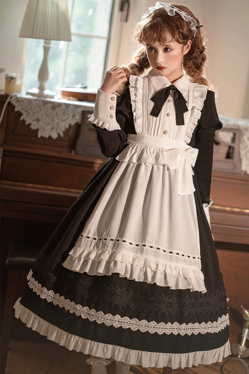 Black Lapel Collar Bowknot Long Sleeves Ruffled Sweet Lolita Maid OP Dress (Apron is included)