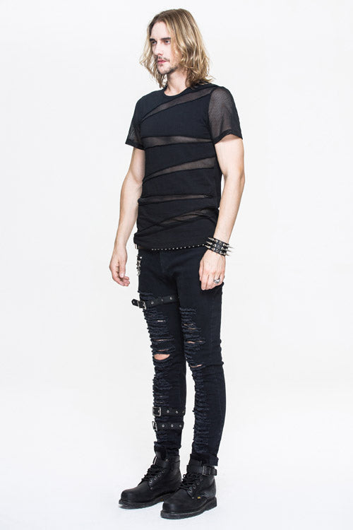 Black Partition Diamond Shape Mesh Gothic Punk Mens Tops T-Shirt