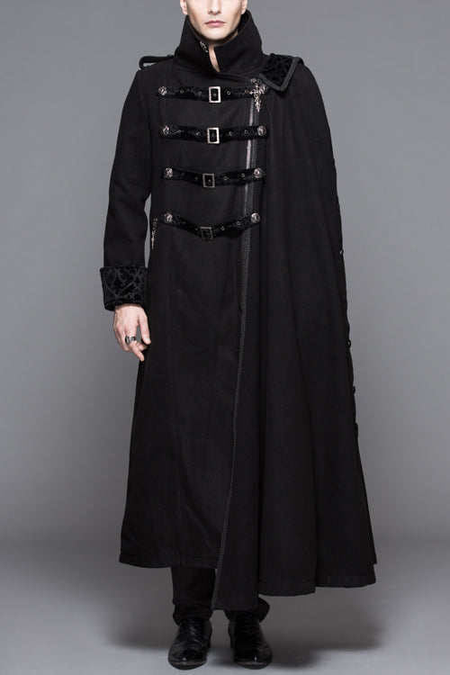 Black Detachable One Sided Shawl Double Sided Woollen Thick Mens Punk Long Coat