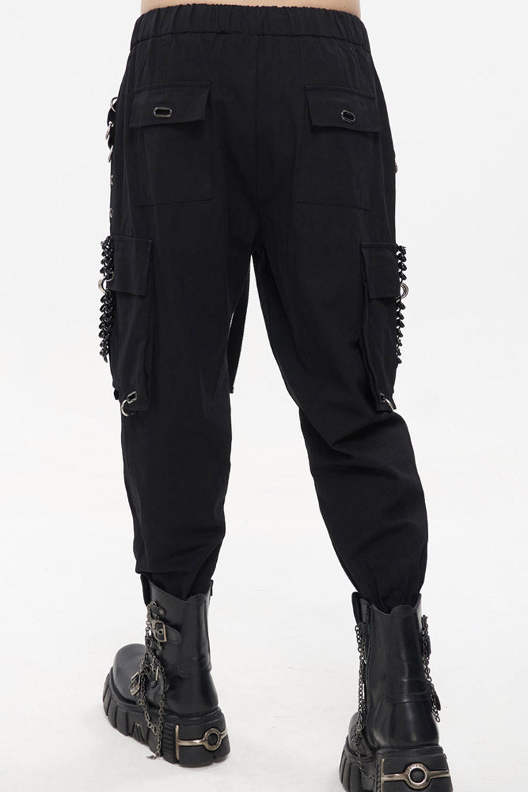 Black Punk Tatting Multi-Pocket Metal Chain Cargo Men's Pants