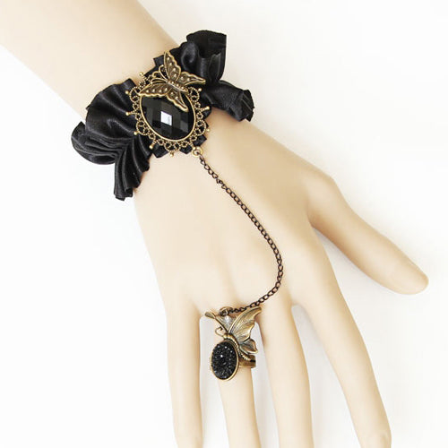Black Retro Fashion Silk Cloth Gemstone Butterfly Design Female Gothic Lolita Ring Bracelet